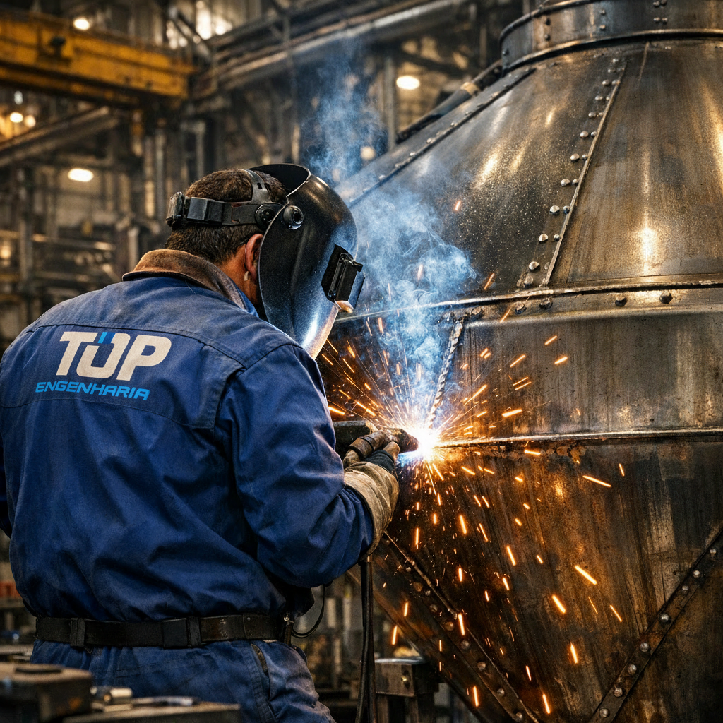 Soldador da Top Engenharia em operação industrial